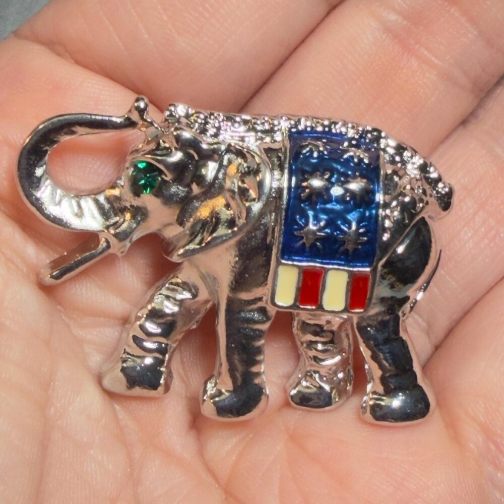 Patriotic Elephant Brooch Enamel Animal Pin Silver Tone Political 1.75”